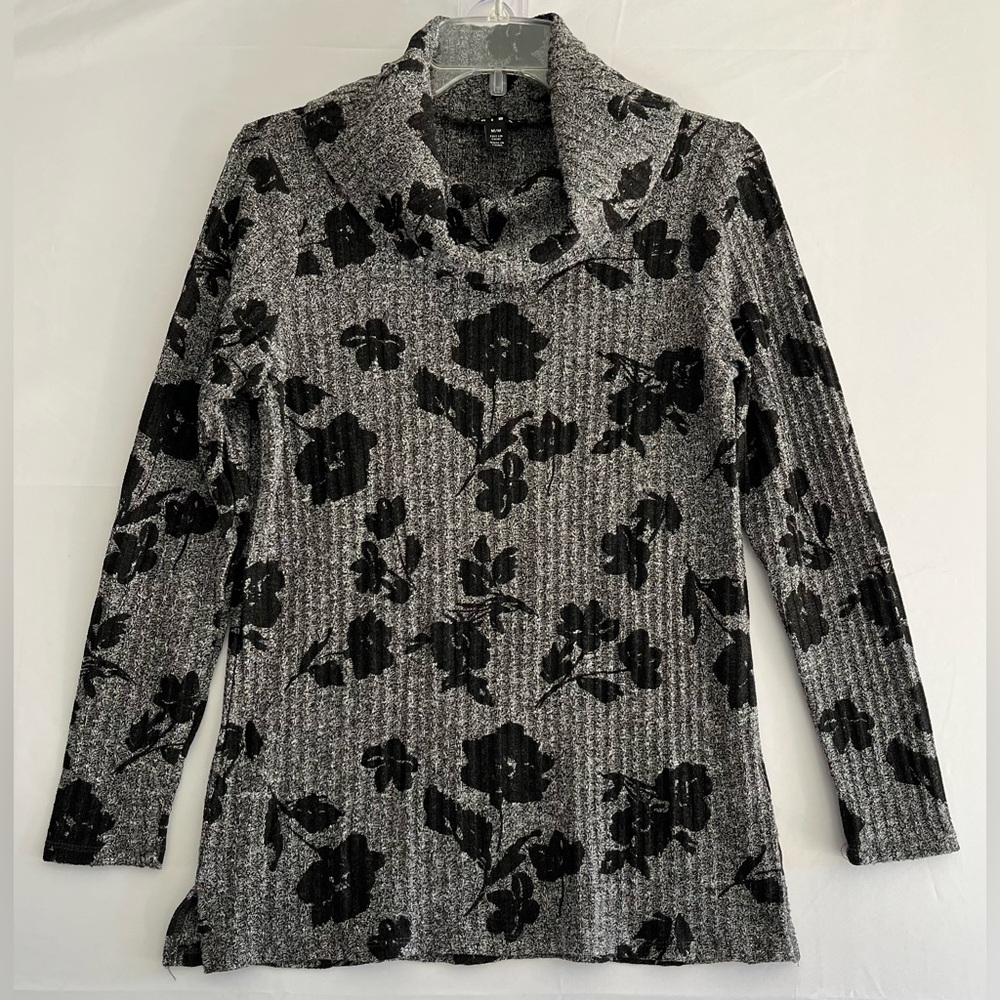 Tribal Charcoal & Black Floral Cowl Neck Knit Sweater